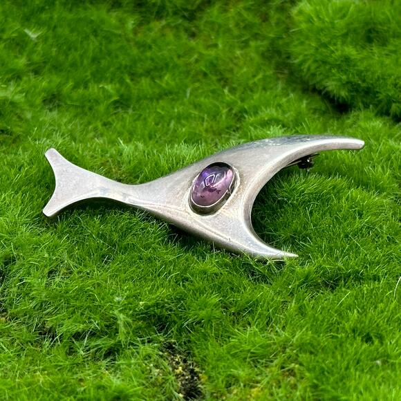 Sigi Pineda Taxco Abstract Fish Brooch Modern Sterling Silver Amethyst Vintage - Picture 3 of 13